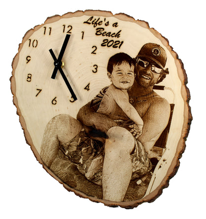 Personalized Portrait on live edge wood with optional clock (9"x11")